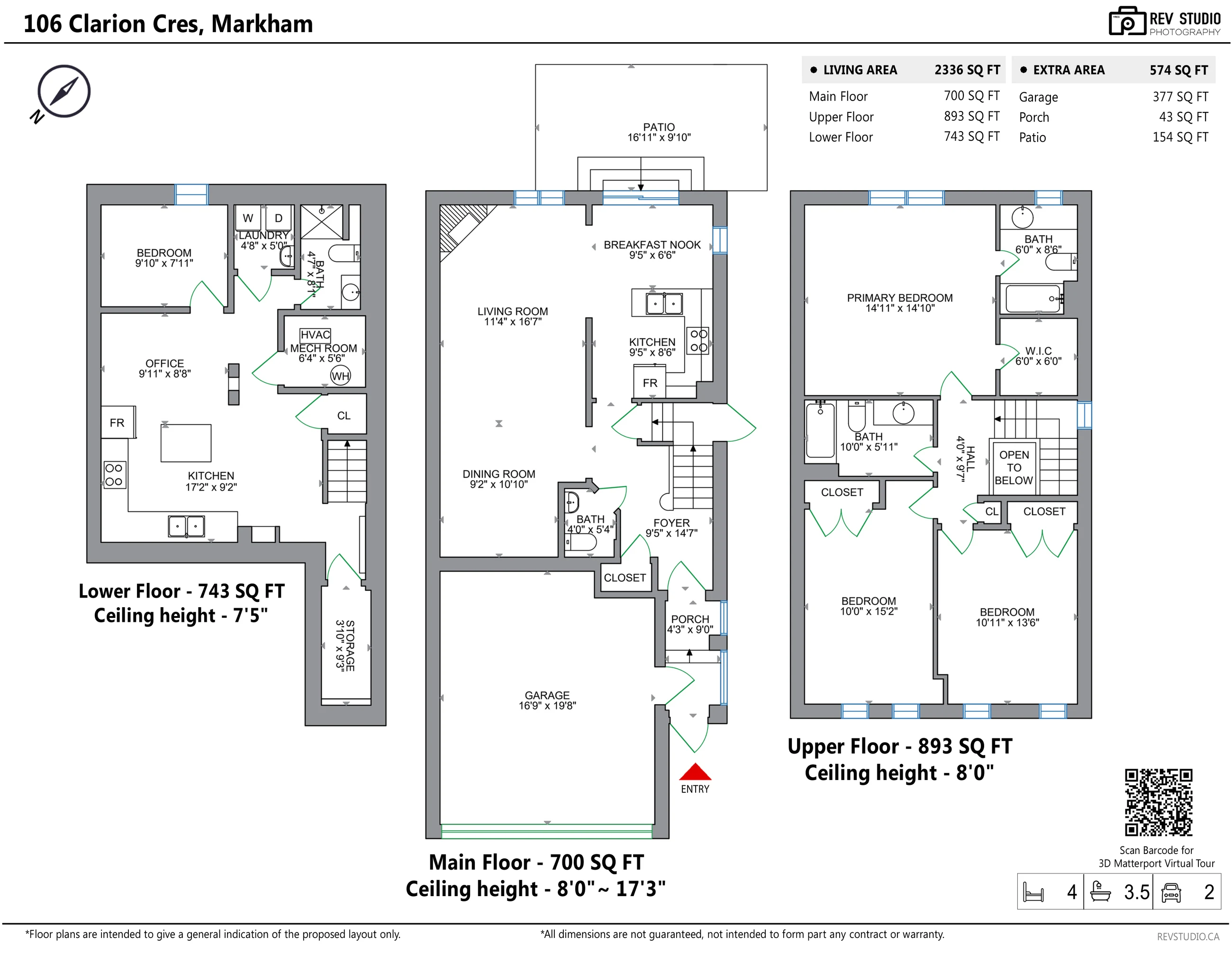 Floor plan of 106 Clarion Crescent: the lower floor with a bedroom, laundry, bathroom, office, kitchen, mechanical room and storage; the main floor with the porch, foyer, living room, dining room, kitchen, breakfast nook, powder room, garage and the patio; the upper floor with the primary bedroom, its bathroom and walk-in closet, two bedrooms, a bathroom and the hall