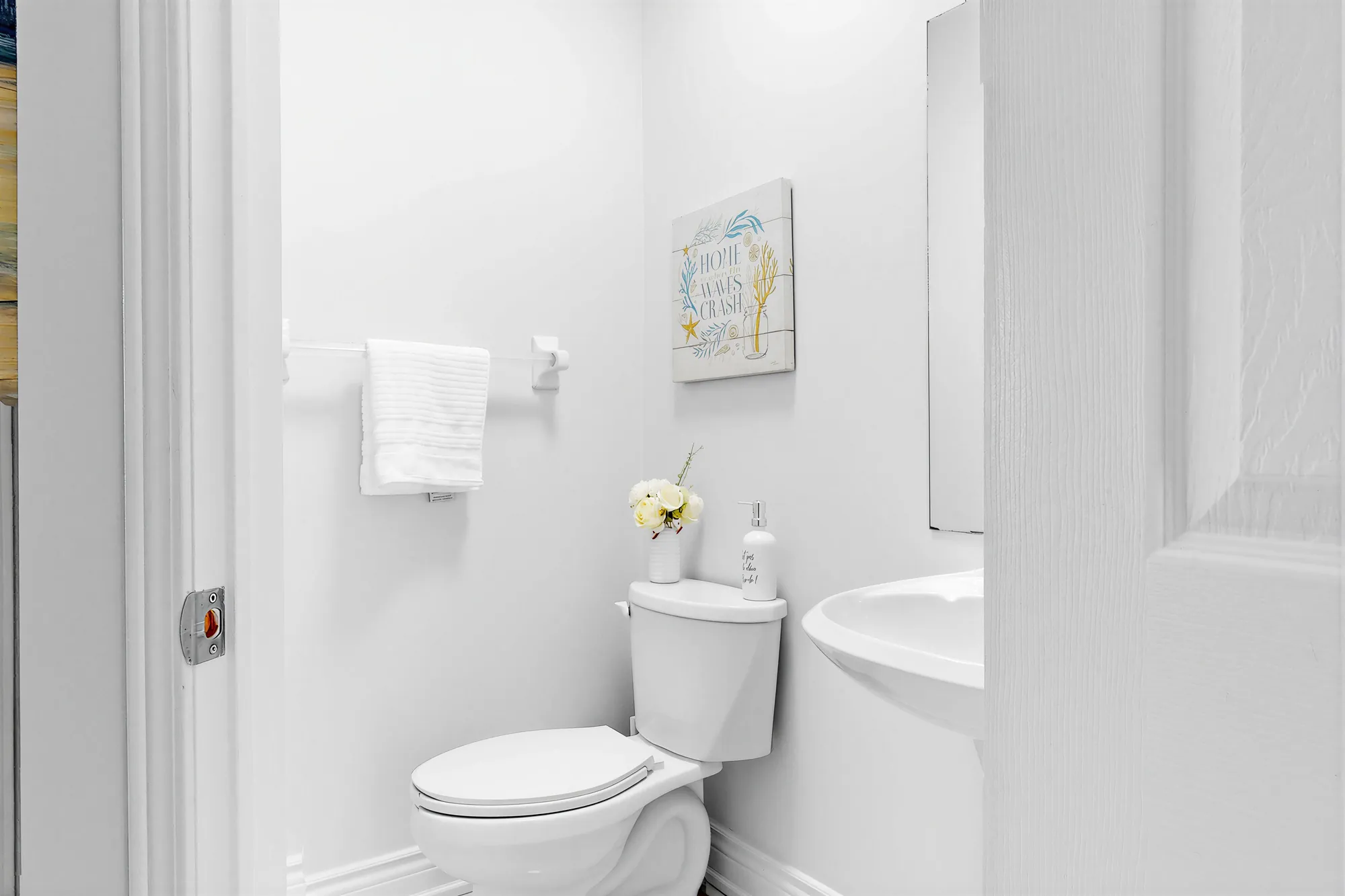 The powder room: a white toilet and a pedestal sink, a towel bar, a small framed print